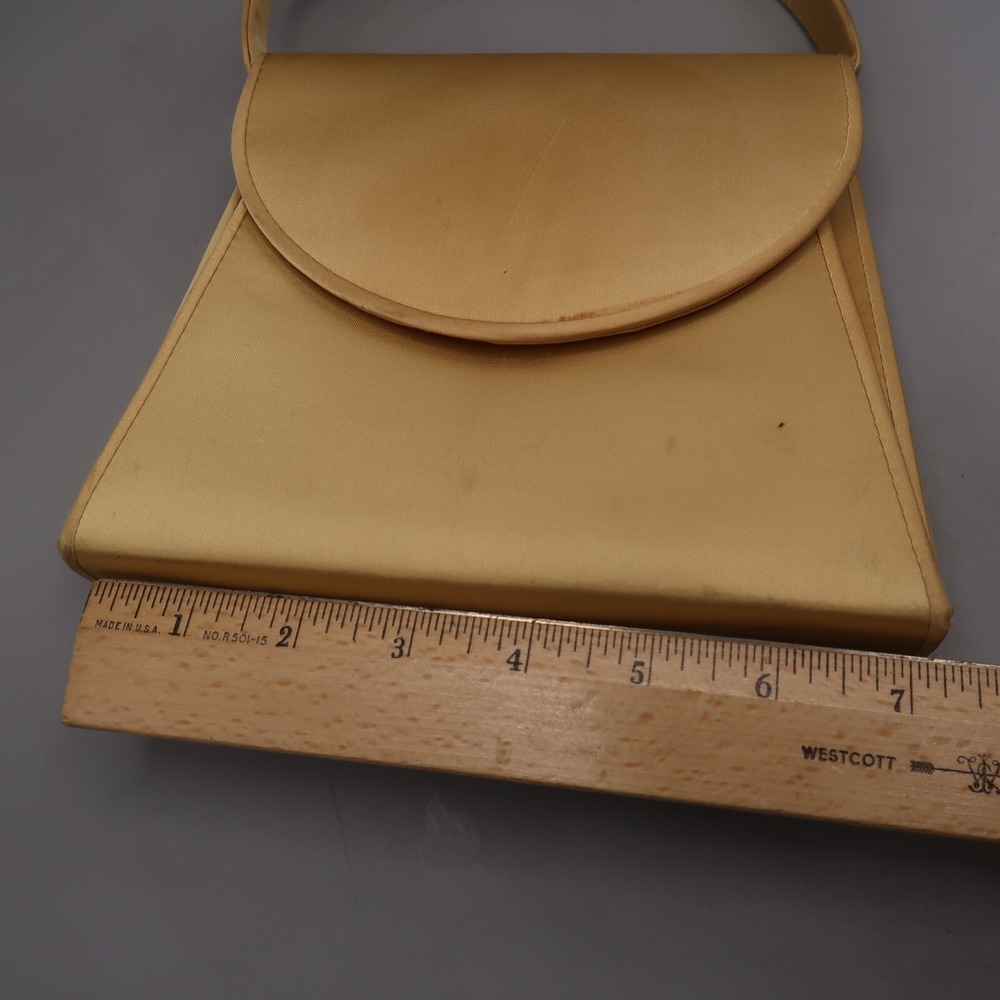 Vintage 80s LORD & TAYLOR Gold Satin Purse Handbag w Mirror & Crossbody Strap - Picture 3 of 8